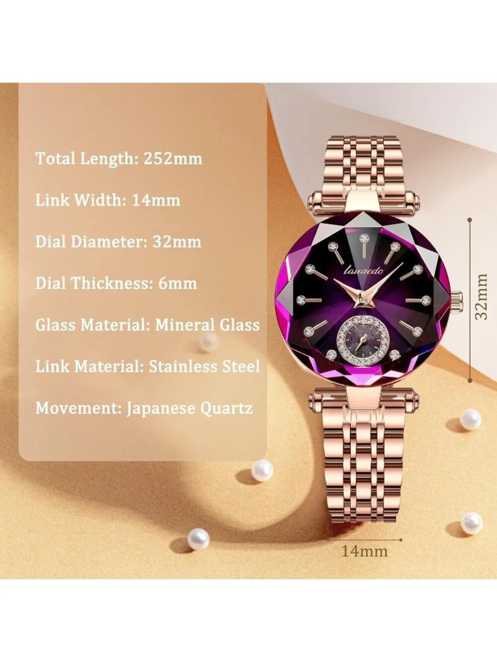 Women Gold Purple Elegant Stainless Steel Analog Creative Diamond Dial Watch